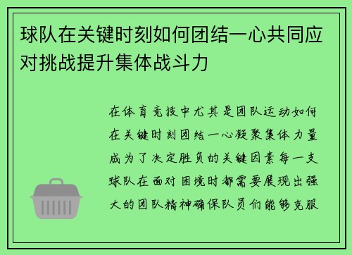 球队在关键时刻如何团结一心共同应对挑战提升集体战斗力